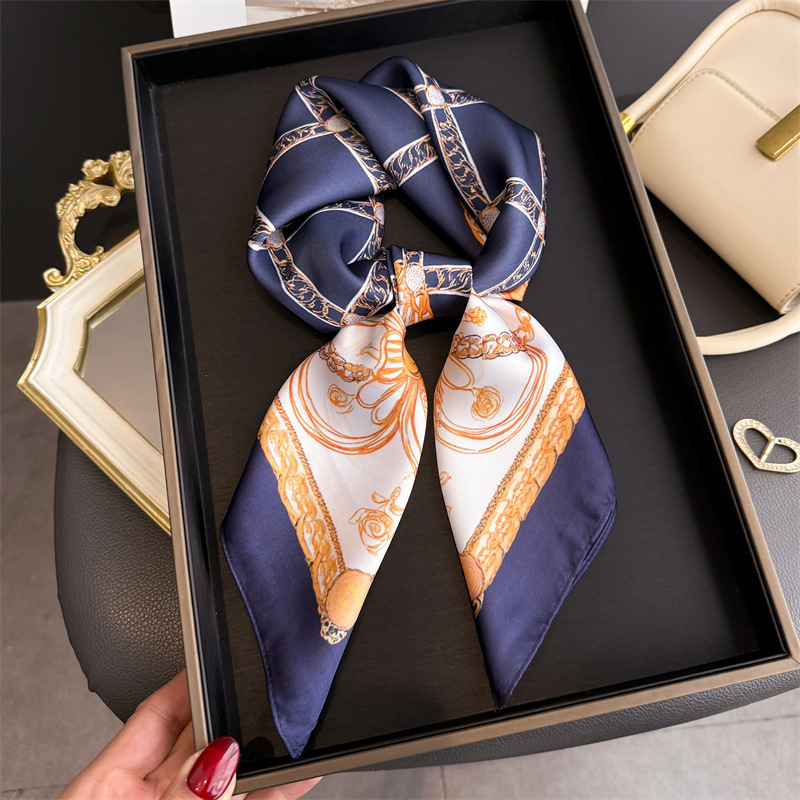 Silk Scarf Square - ブルークラシックチェーンプリントスクエアシルクスカーフ女性カジュアルエレガント薄型ハンカチ 70 センチメートルネック女性防風ヘッドラップヘアスカーフ