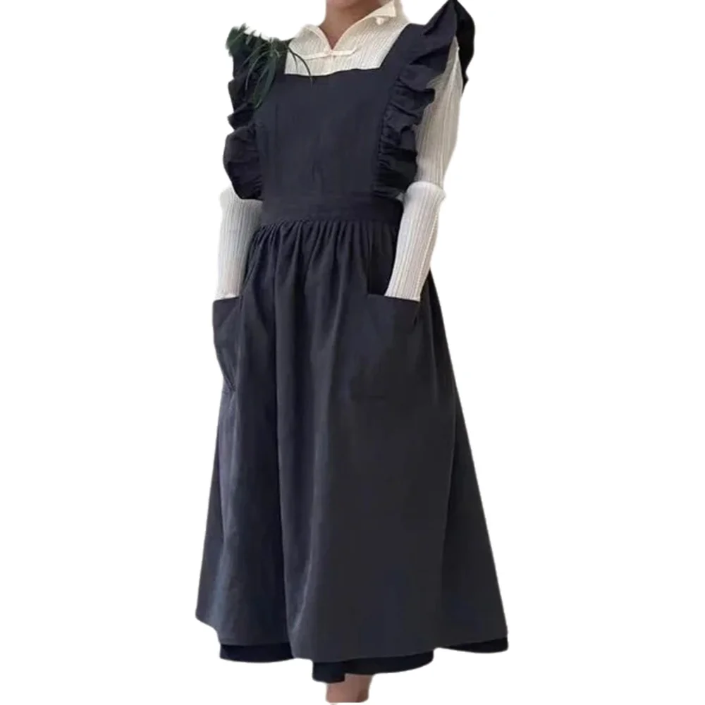Women Kitchen Accessories - 1PC フランス牧歌的な花屋芸術的なコットンリネンヴィンテージエプロンキッチンベイクド北欧無地フリルエプロン