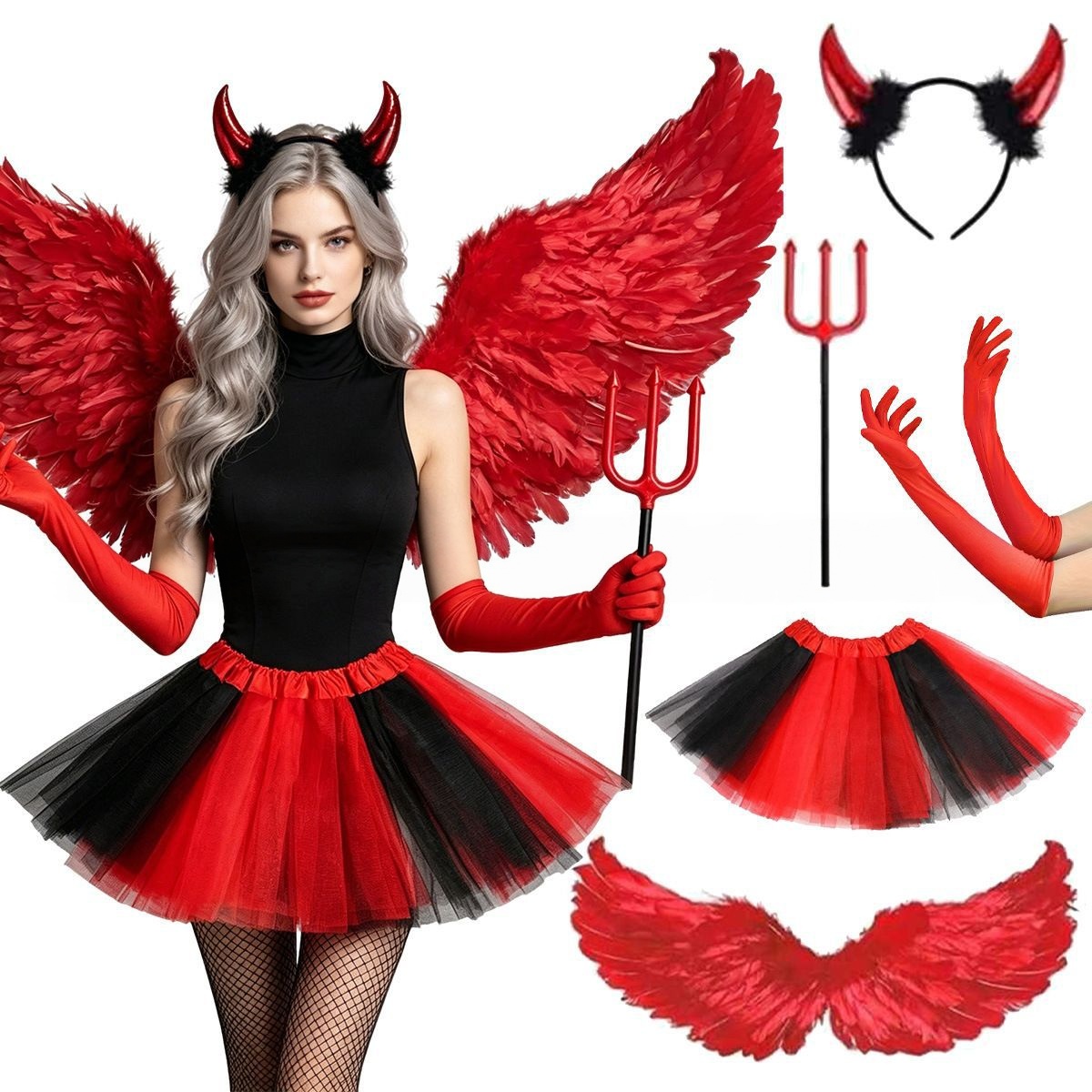 Women'S Red Accessories - ハロウィーンのコスプレ用、赤い悪魔の頭飾り、羽根、スカート、尻尾、手袋、靴下のセット。女性用、仮装衣装、ステージショー、パーティー用のアクセサリー、小道具。