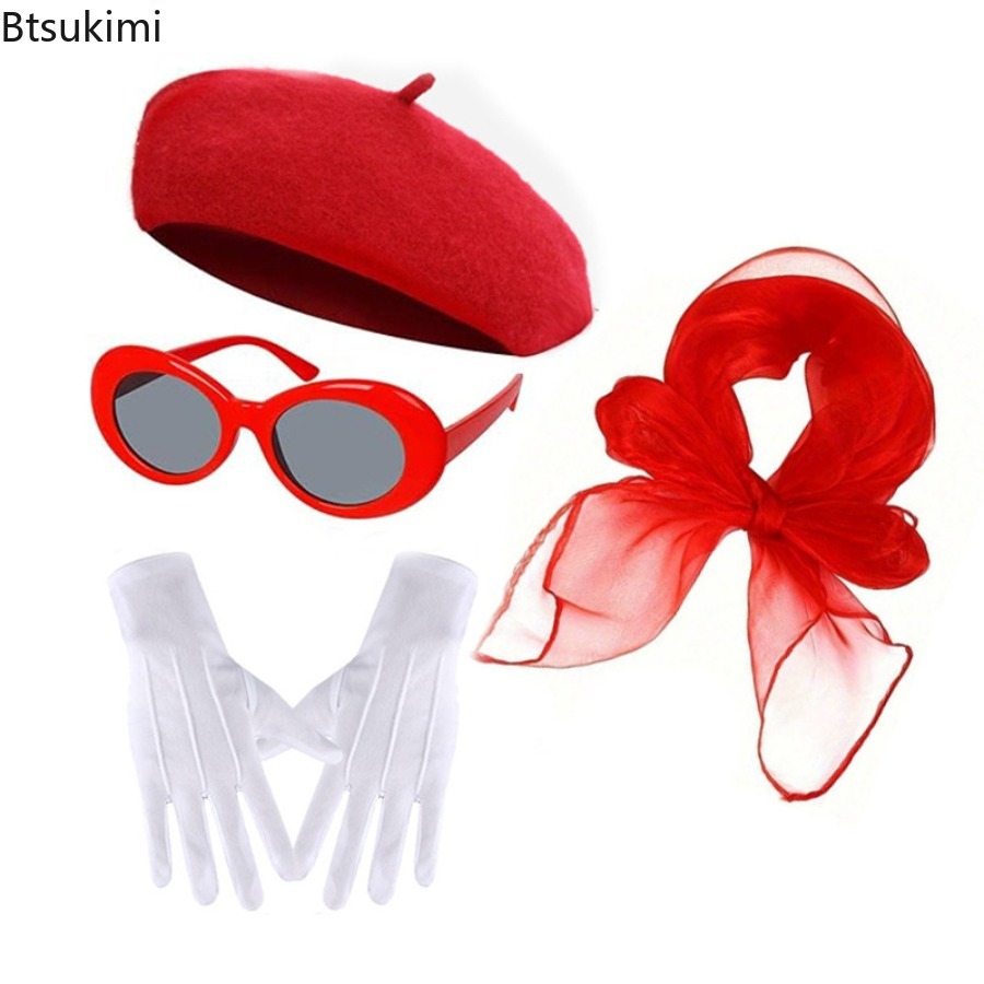 Women'S Accessories In The 1950S - 1950年代のレトロなディスコをテーマにしたパーティー用コスチュームアクセサリー：帽子、ヒップホップ風メガネ、スカーフ、手袋、コスプレ衣装、ハロウィーンコスプレ用小道具セット