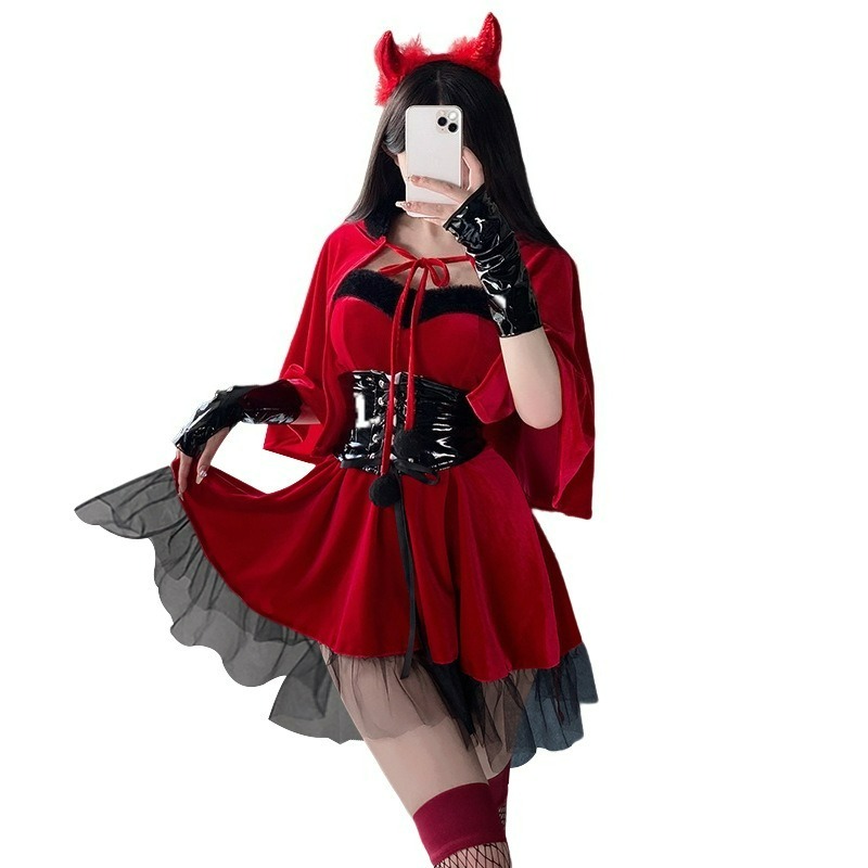 レッドデビル女性コスプレコスチューム6点セット ベルベットド - Women'S Red Accessories のレビューと価格