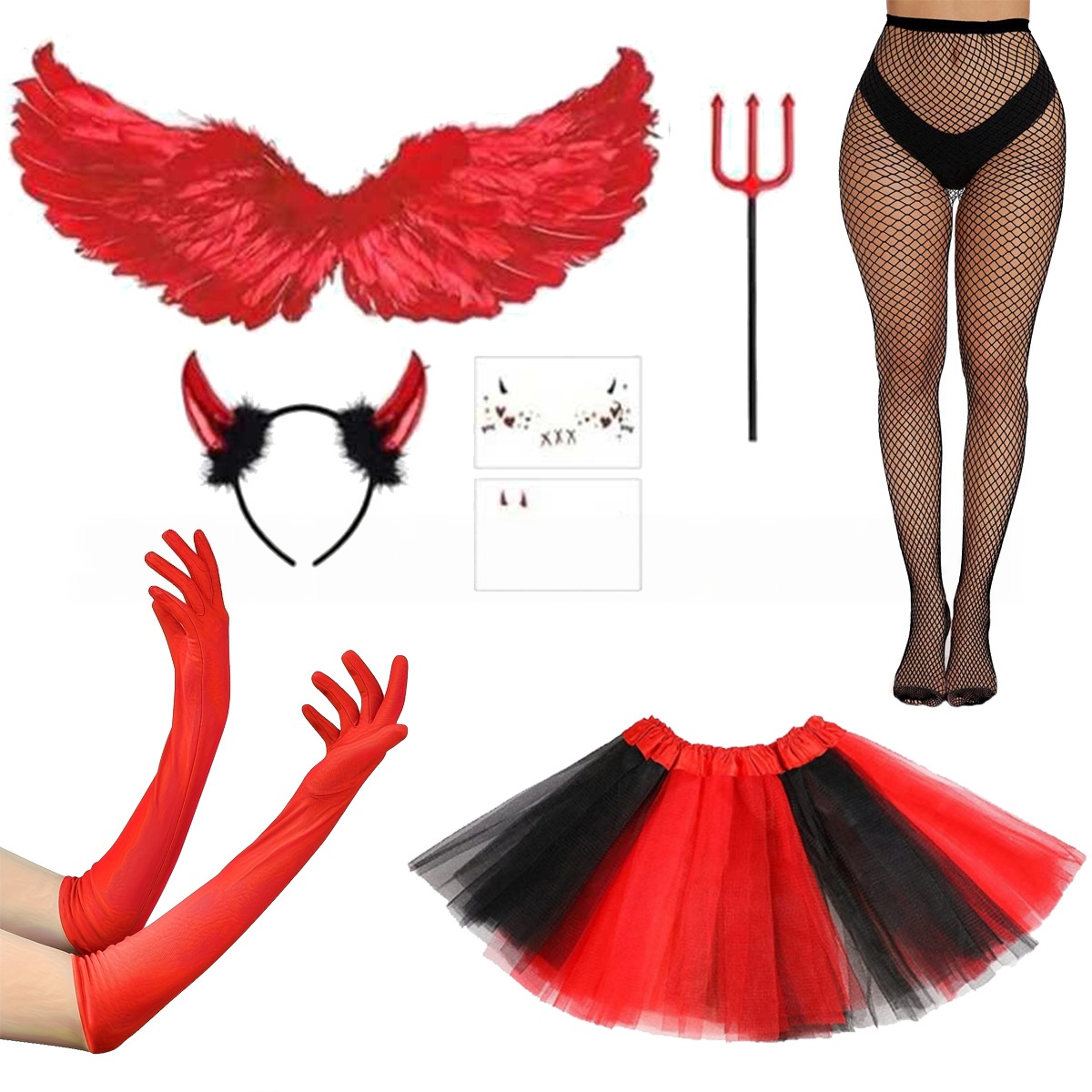 ハロウィーンのコスプレ用、赤い悪魔の頭飾り、羽根、スカート、 - Women'S Red Accessories のレビューと価格
