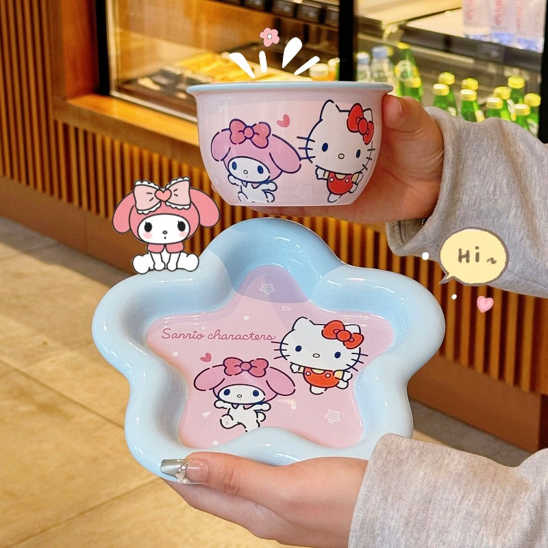 漫画猫プリントセラミック食器セット高価値ボウルプレート箸スプ - Women Kitchen Accessories のレビューと価格